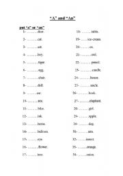 English worksheet: A/An