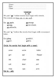 English worksheet: A/An