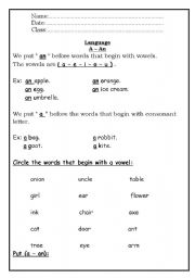 English Worksheet: A/An