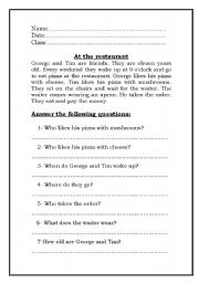 English Worksheet: At the Restaurant