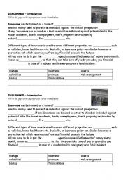 English Worksheet: Insurance topic - vocabulary, reading & speaking