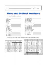 English Worksheet: Time and Ordinal Numbers