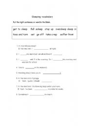 English Worksheet: sleeping vocabulary