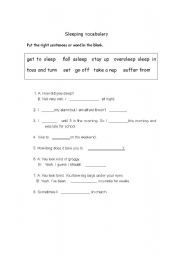 English worksheet: sleeping vocabulary