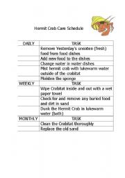 English worksheet: Hermit Crab Care Schedule