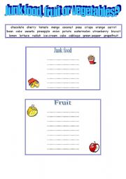 English Worksheet: Junk food, fruit or vegetables?