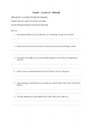 English Worksheet: despite, in spite of, although- differences in using the phrases