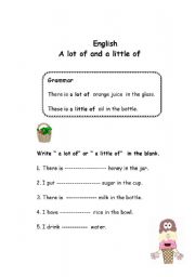 English worksheet: alot of and alittle