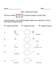 English Worksheet: Math - Comparing animal and object weights using more or less than