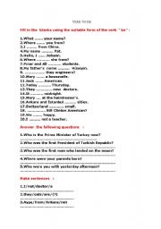 English worksheet: verb to be