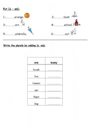 English worksheet: A- An / Plural