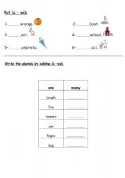 English Worksheet: A- An / Plural