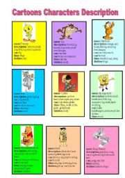 English Worksheet: cartoons Characters Description Cards