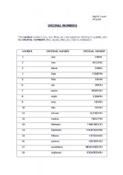 English Worksheet: ORDINAL NUMBERS