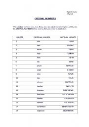 English worksheet: ORDINAL NUMBERS