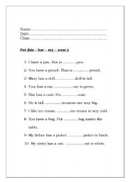 English worksheet: His - Her - My - Your