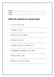 English Worksheet: Write the words in the correct order to make a sentence.