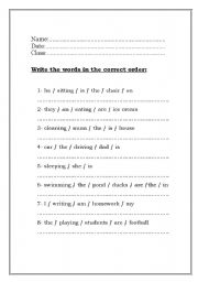 English Worksheet: Write the words in the correct order to make a sentence.