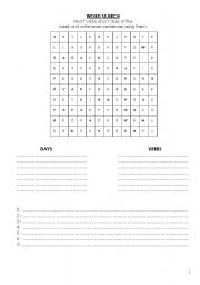 English worksheet: Word search - days and verbs