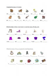 English Worksheet: animals, body parts and house vacabulary