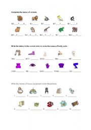 English worksheet: animals, body parts and house vacabulary