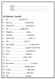 English Worksheet:  Put (have got  has got):