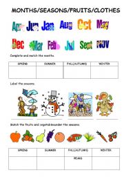 English Worksheet: mONTHS/SEASONS/FRUITS/CLOTHES/COLORING WORKSHEET