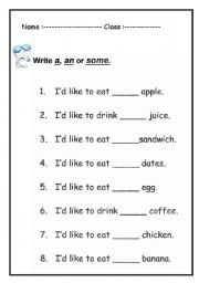 English Worksheet: a- an - some