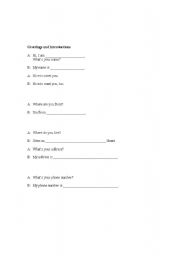 English worksheet: Greetings and Introductions