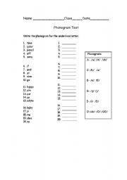 English worksheet: Phonogram Test - A,C, E, G, I, O