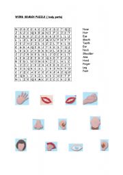 English Worksheet: body parts- word search puzzle