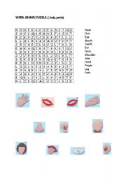 English worksheet: body parts- word search puzzle