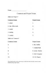 English Worksheet: Changing common and proper nouns