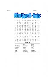 English worksheet: Word Search - Fruits