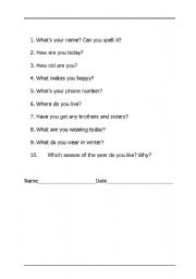 English worksheet: Questions for testing basic english