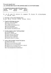 English Worksheet: present simple test with answer sheet