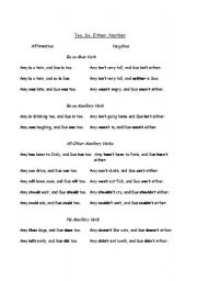English Worksheet: too / so / either / neither