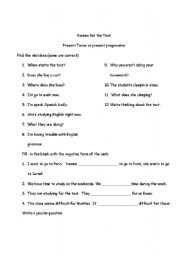 English Worksheet: simple present and present progressive Test review