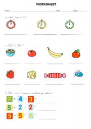 English worksheet: time/food/numbers
