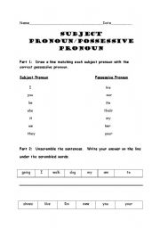 English Worksheet: Subject/Possessive Pronouns
