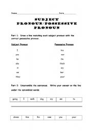 English worksheet: Subject/Possessive Pronouns