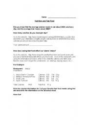 English Worksheet: Nutrition and Fast Food Assignment
