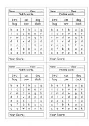 English Worksheet: animals word search