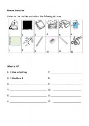 English Worksheet: School objects picture dictation