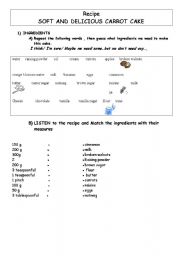 English Worksheet: recipe: soft and delicious carrot cake part 1