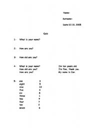 English worksheet: quizz about numbers and basic questions