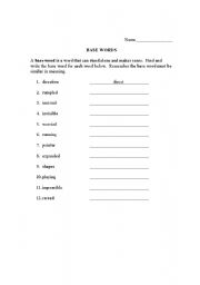 English Worksheet: Finding the BASE Word