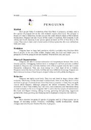 English Worksheet: Penguins (reading comprehension)