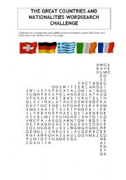 English Worksheet: The great countries and nationalities wordsearch challenge