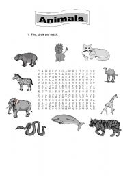English Worksheet: Animal - word search